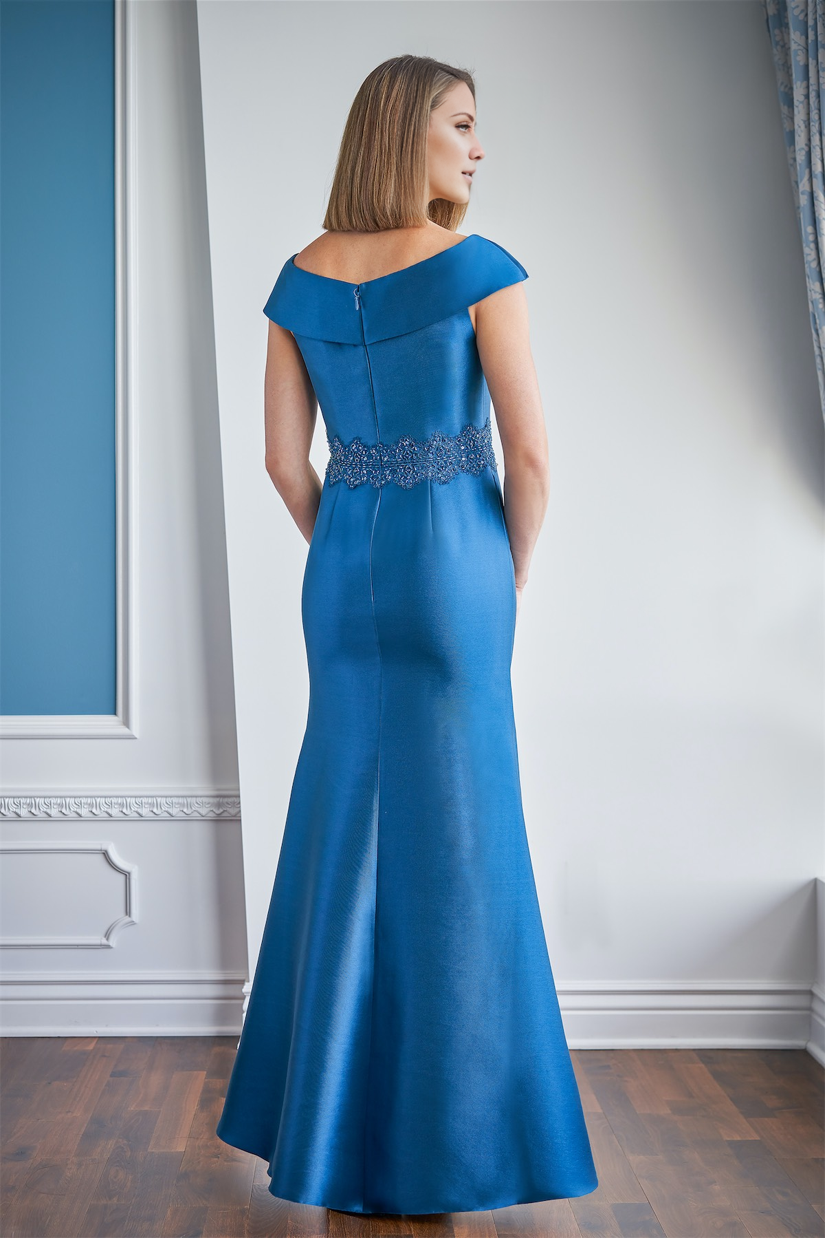 Asymmetric sleeve collar with lace bead waist belt fits mother of bride dresses