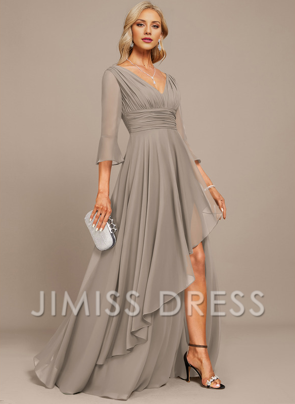 Jimiss A-line V-neck floor mopping chiffon strap with layered ruffles mother of the bride dress