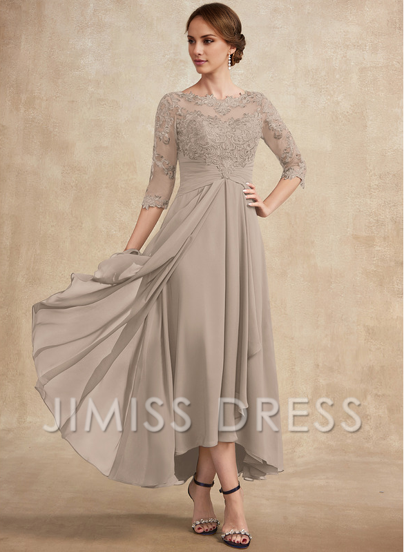 Jimiss A-line hollow illusion asymmetrical lace chiffon belt with layered ruffles mother of the bride dress
