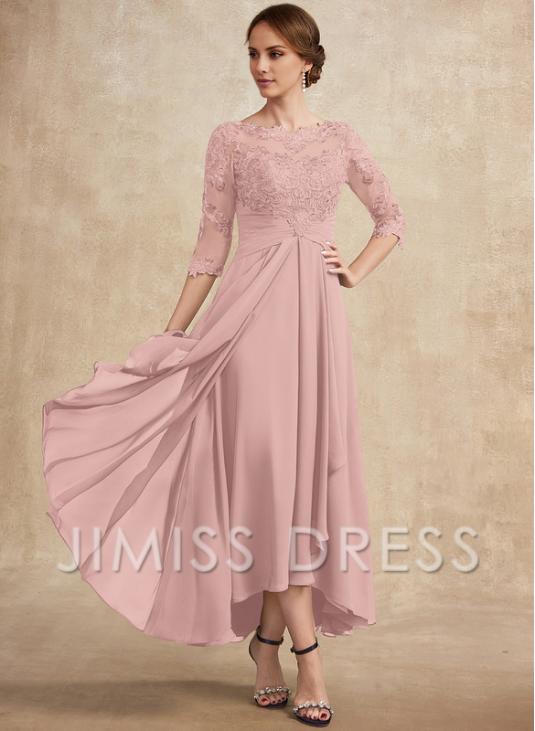 Jimiss A-line hollow illusion asymmetrical lace chiffon belt with layered ruffles mother of the bride dress