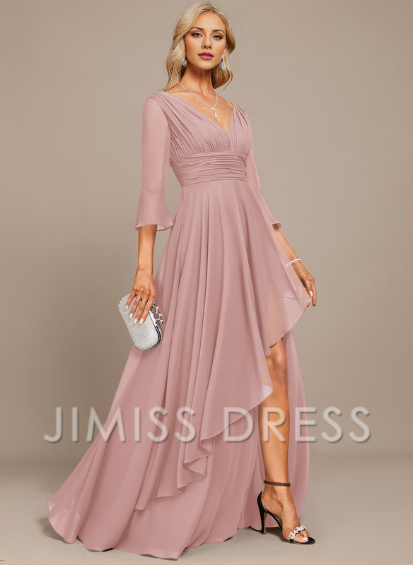 Jimiss A-line V-neck floor mopping chiffon strap with layered ruffles mother of the bride dress