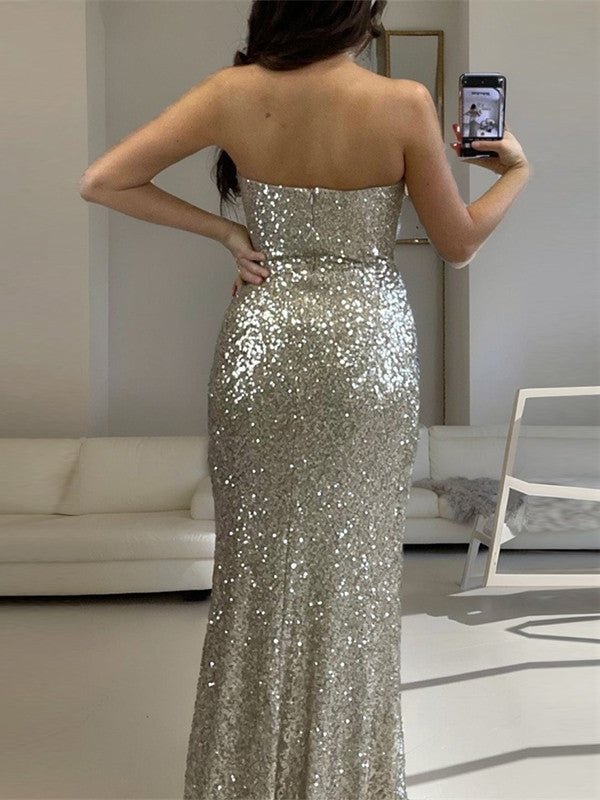 Trumpet/Mermaid Sequins Strapless Sleeveless Floor-Length Long Prom Dresses With Split Side Sparkly