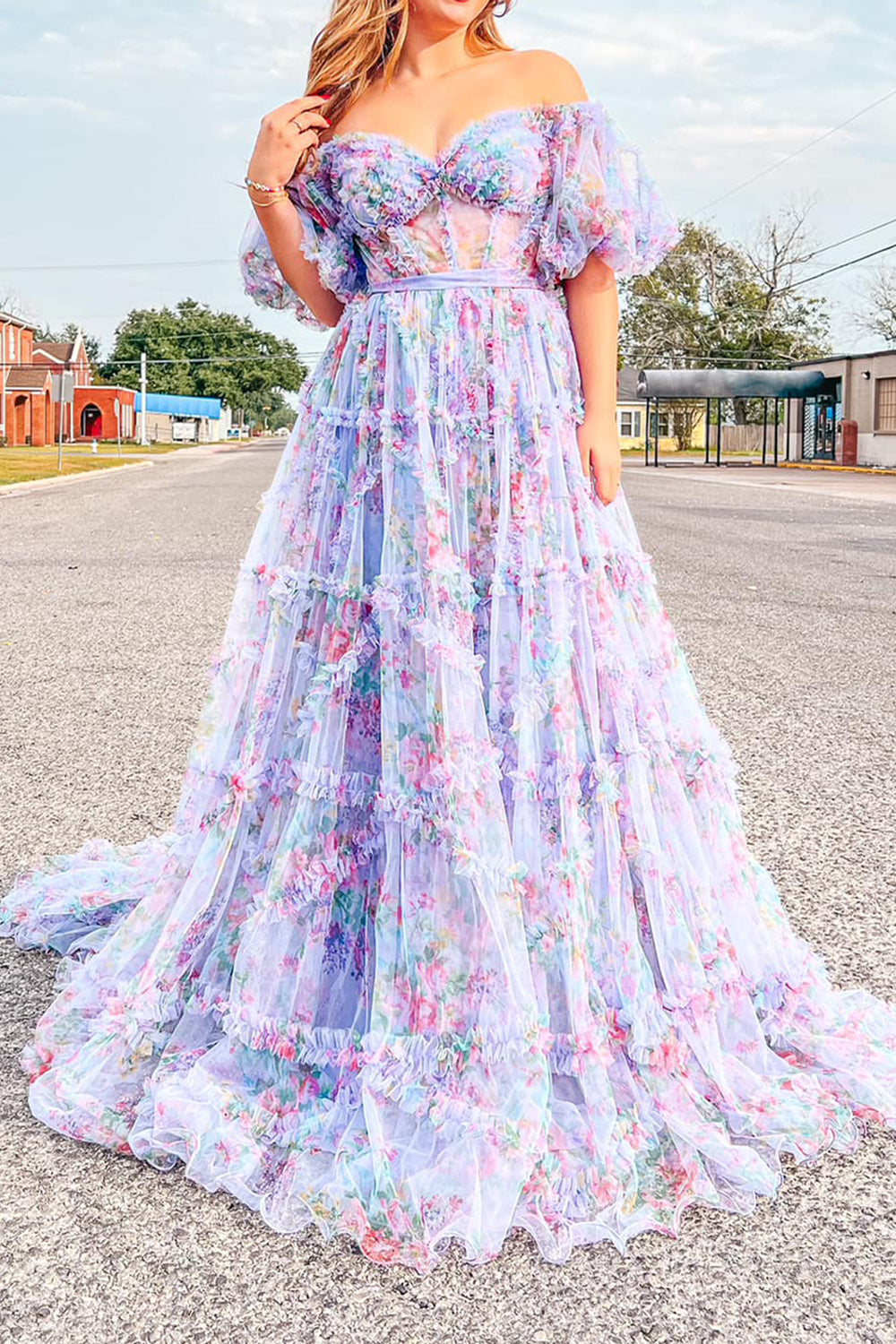 A Line Pink Green Flower Strapless Corset Tulle Long Prom Dress Off Shoulder