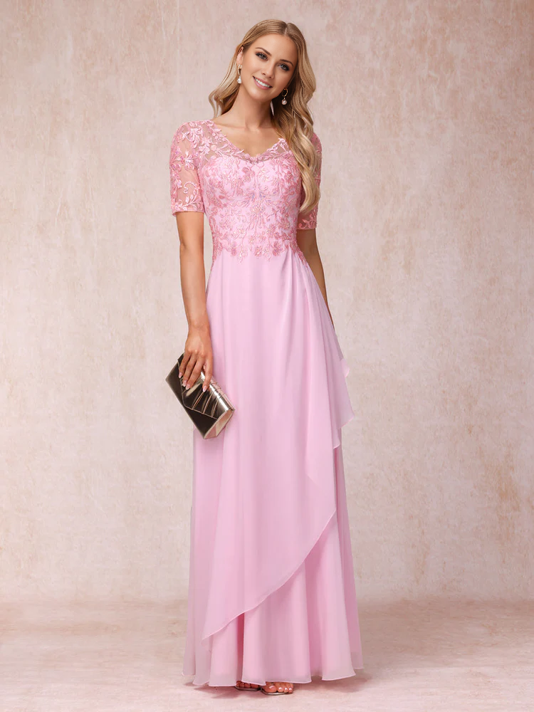 A-line/Princess V-neck short sleeved long formal mother of the bride dress