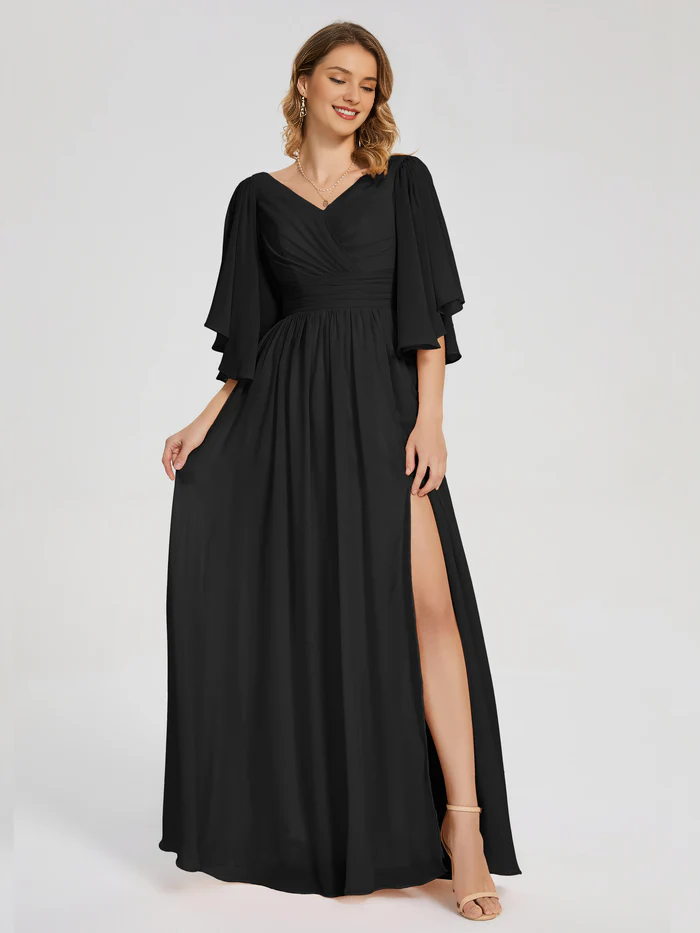 Half sleeved V-neck slit for mother of the bride dress
