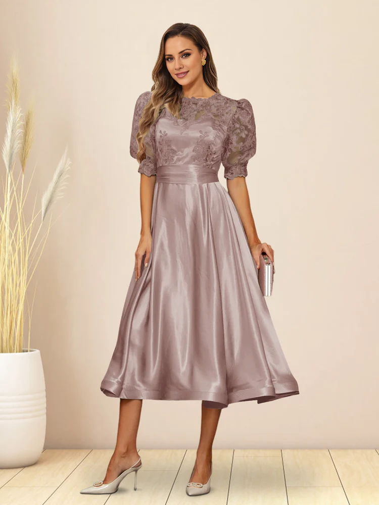 A-line/Princess V-neck fluffy sleeves tea long mother of the bride dress