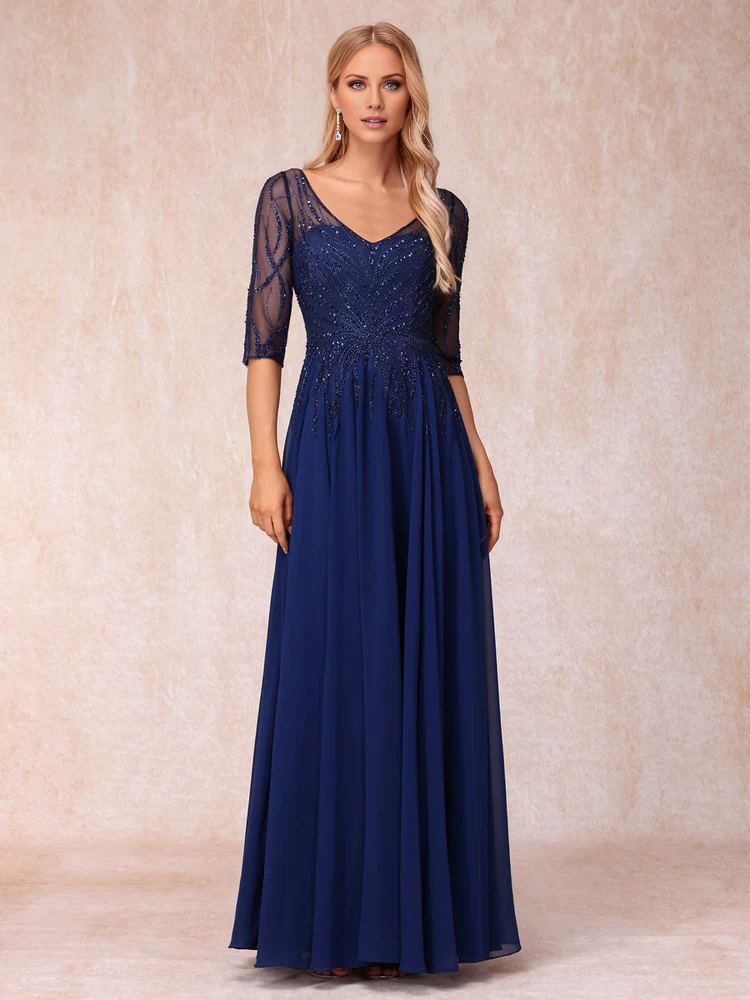 A-line/Princess V-neck Half Sleeve Long Formal Bead Decoration Mother of the bride Dress