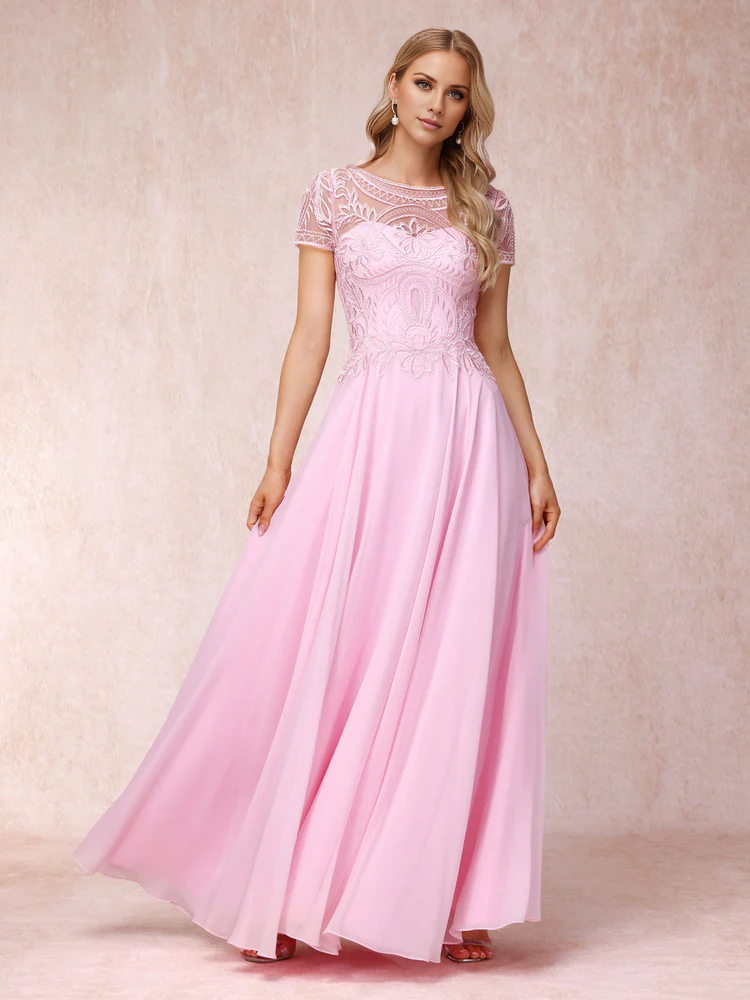 A-line/princess transparent collar short sleeved long with decal mother of the bride dress