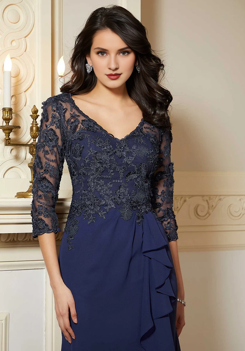 V-neck lace applique chiffon and floor length gown evening dresses