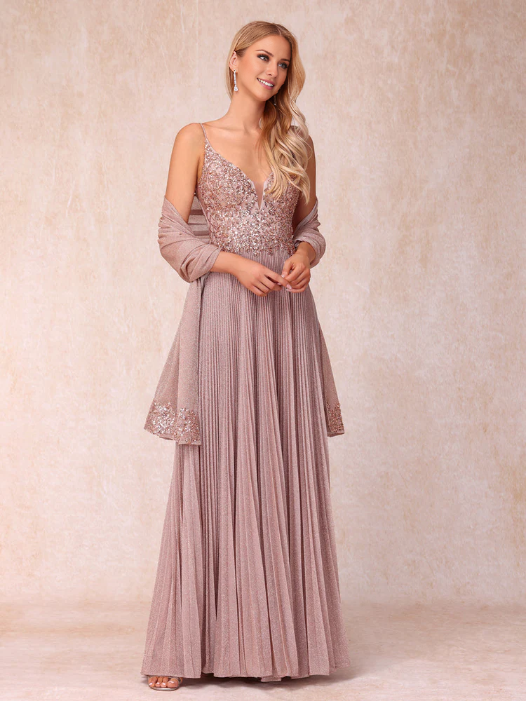 A-line princess thin shoulder strap sleeveless sequin long mother of the bride dress