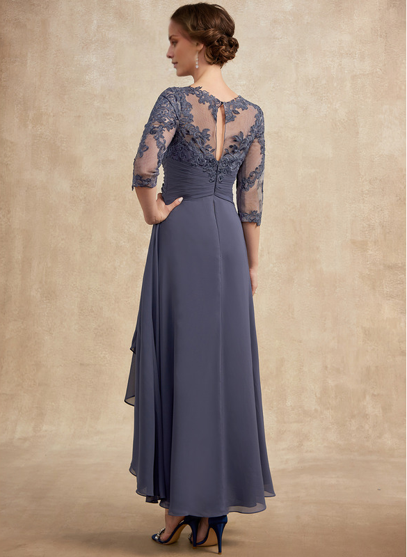 Jimiss A-line hollow illusion asymmetrical lace chiffon belt with layered ruffles mother of the bride dress