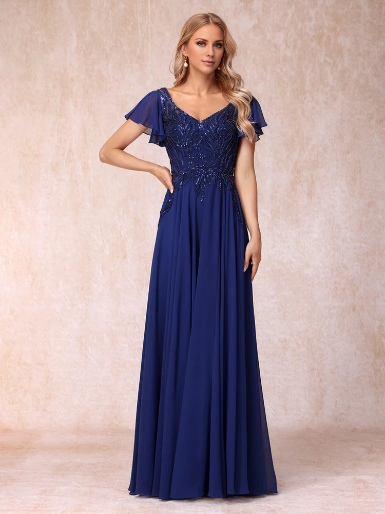 A-line/Princess V-neck short sleeved long formal mother of the bride dress