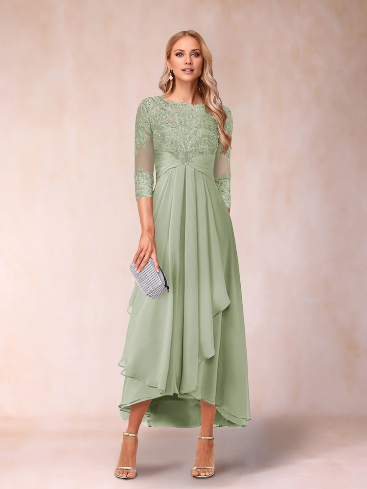 A-line princess transparent collar 3/4 sleeve length with bead and decal mother of the bride dress
