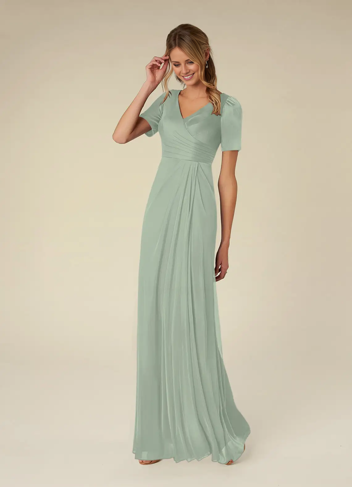 A-line short sleeve pleated mesh floor-length mother of the bride dress