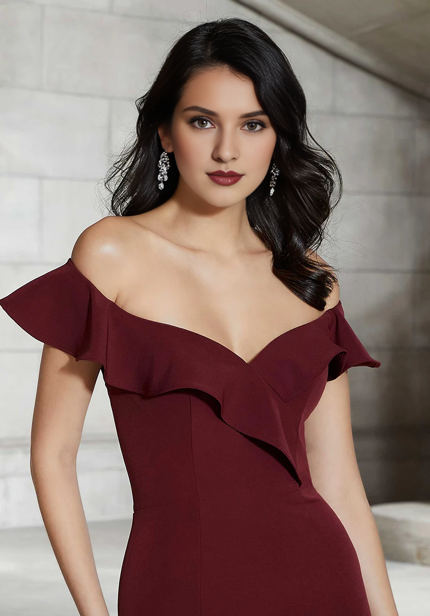 Mermaid off shoulder collar with ruffled edges and ground length godons evening dresses