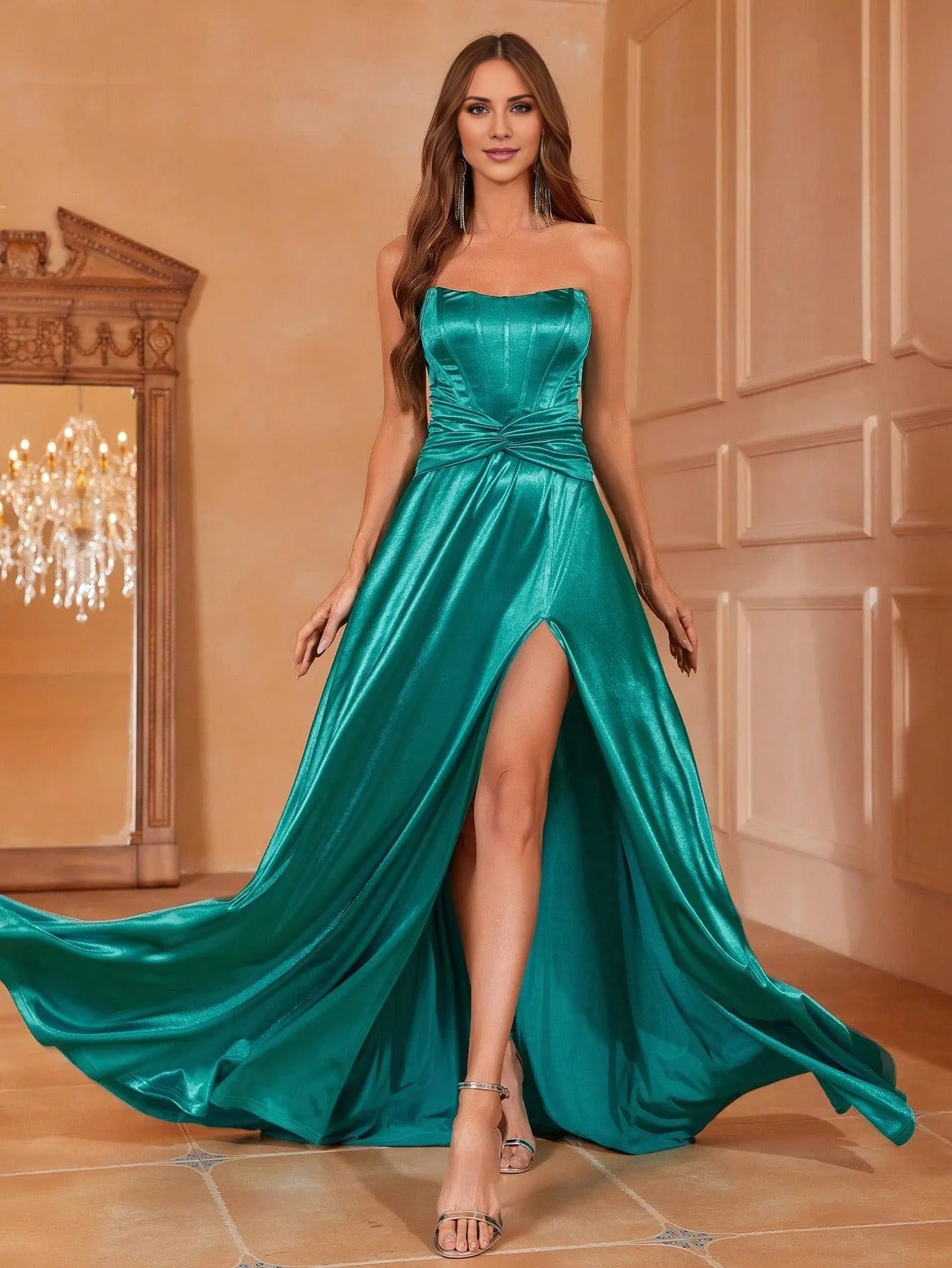 Twisted pleat front slit thigh satin strapless and floor length formal dress