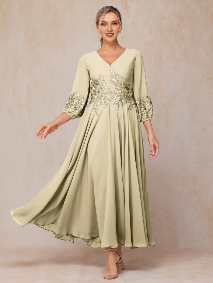 Long sleeved decal and ankle chiffon mother of the bride dress