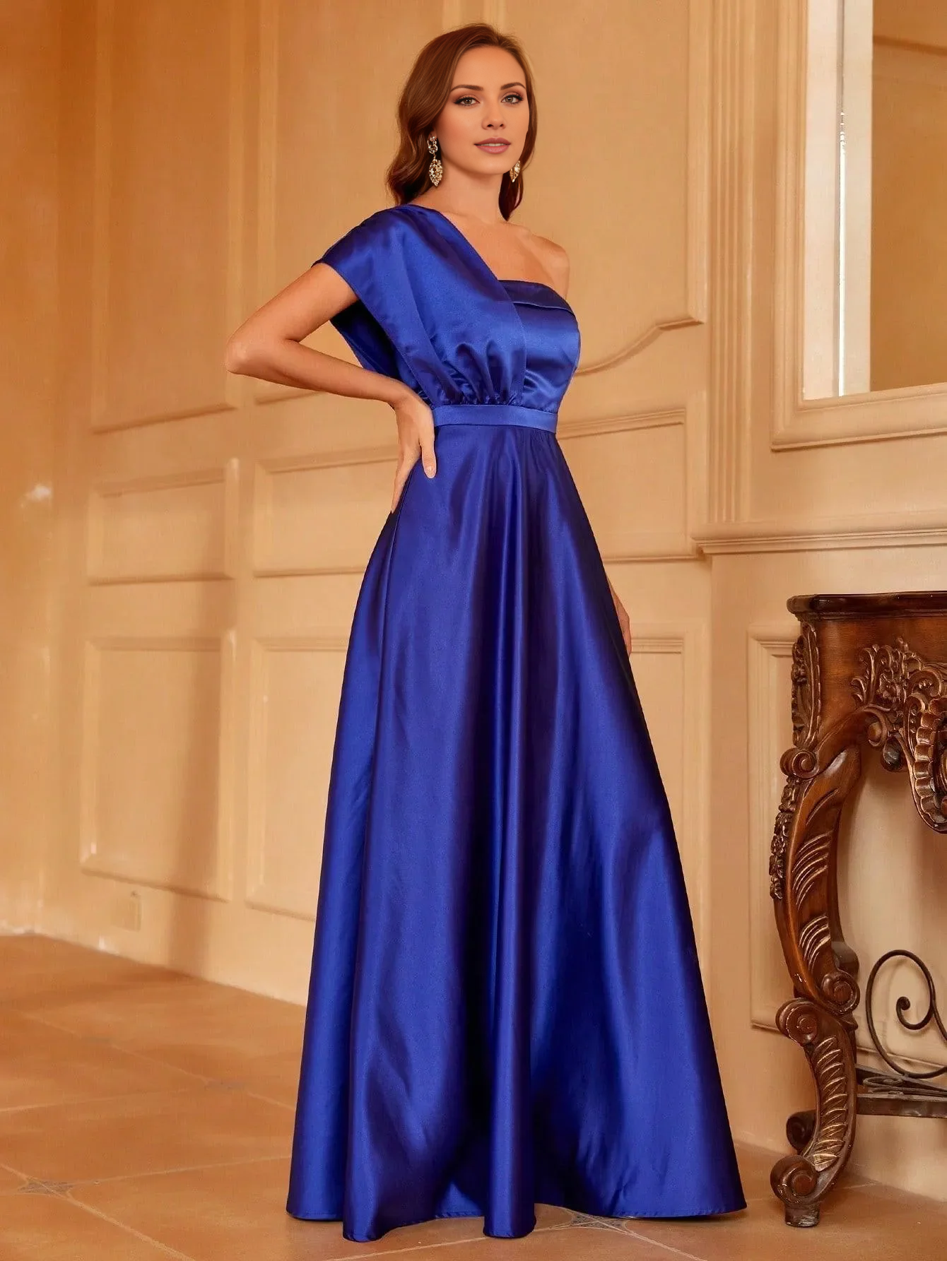 One shoulder sleeveless satin A-line and floor length Prom Dress - LD Dress
