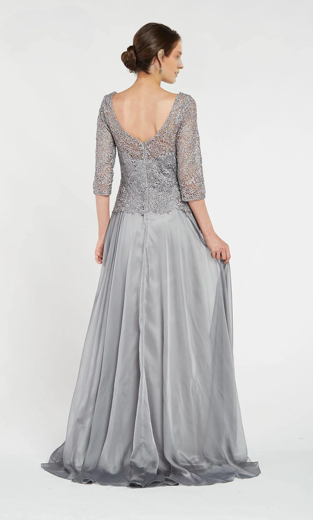One necked half sleeved lace chiffon formal long mothers of the bride dresses