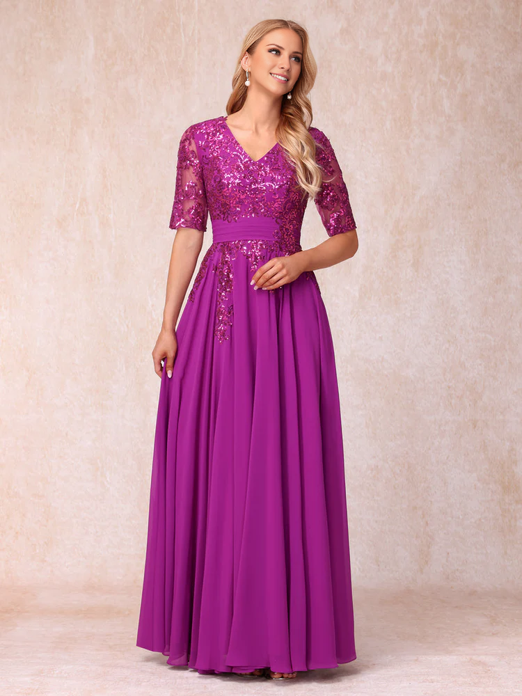 A-line/princess V-neck half sleeved shiny long style official mother of the bride dress