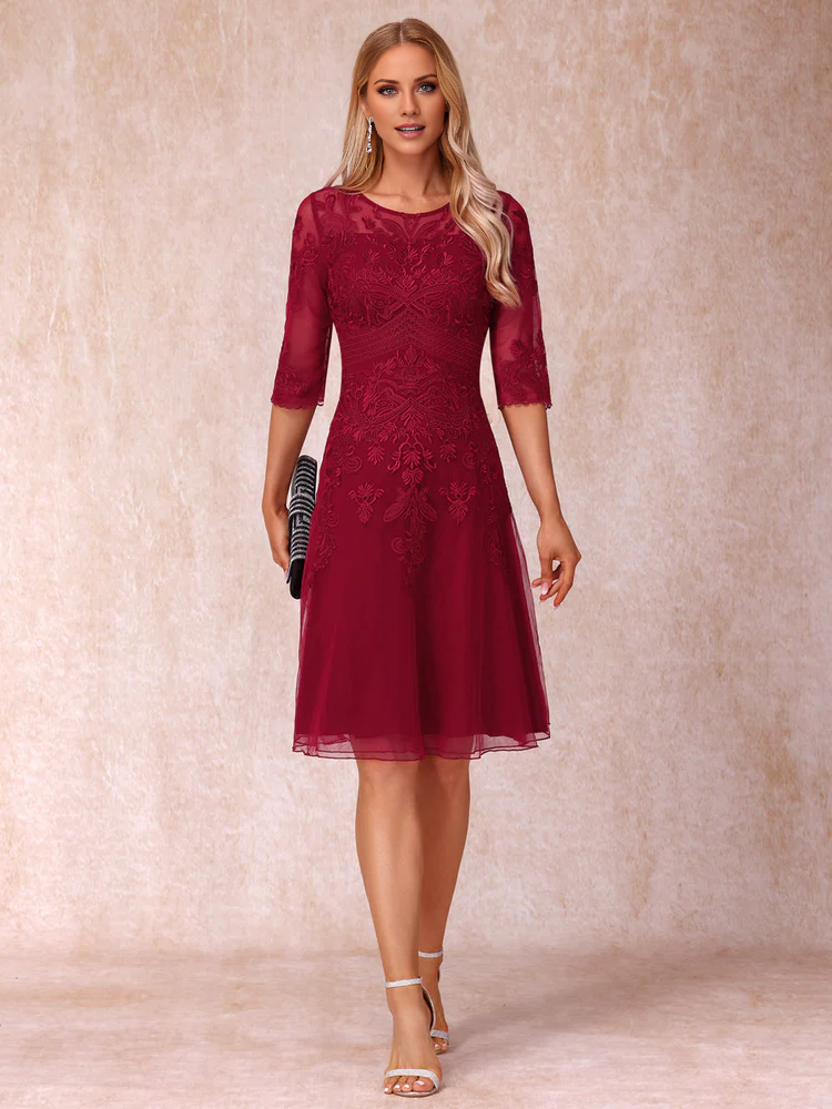 A-line/Princess Transparent Collar Half Sleeve Short Style Formal Mother of the bride Dress