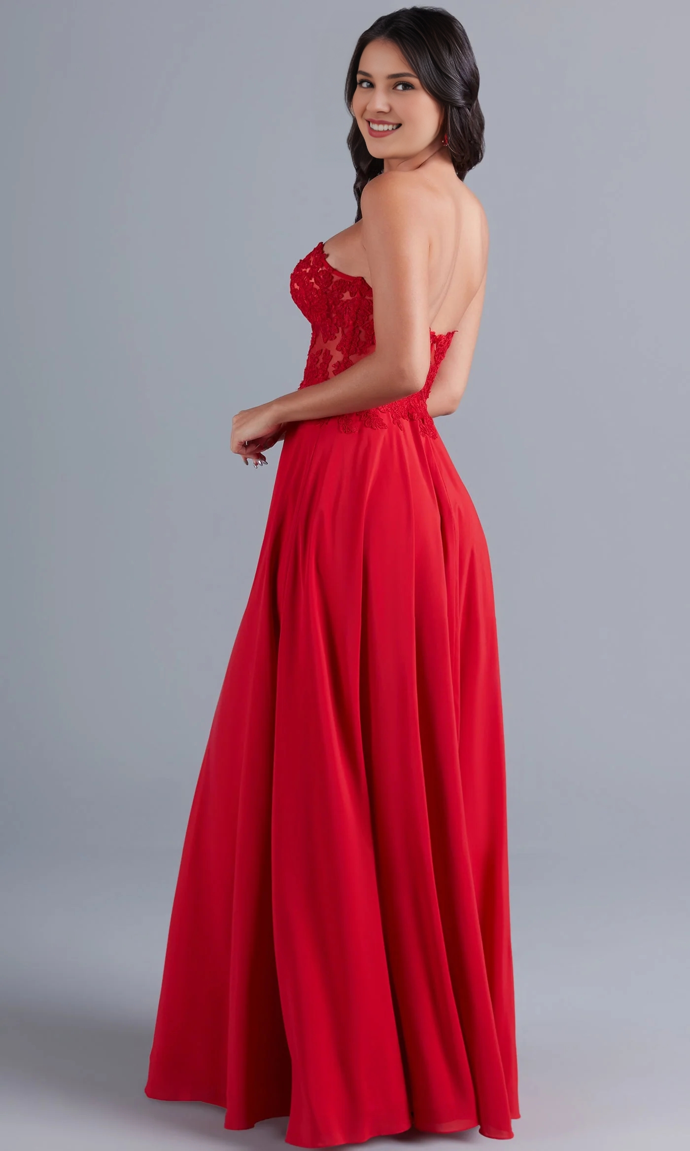Red strapless transparent tight and floor length Prom dress