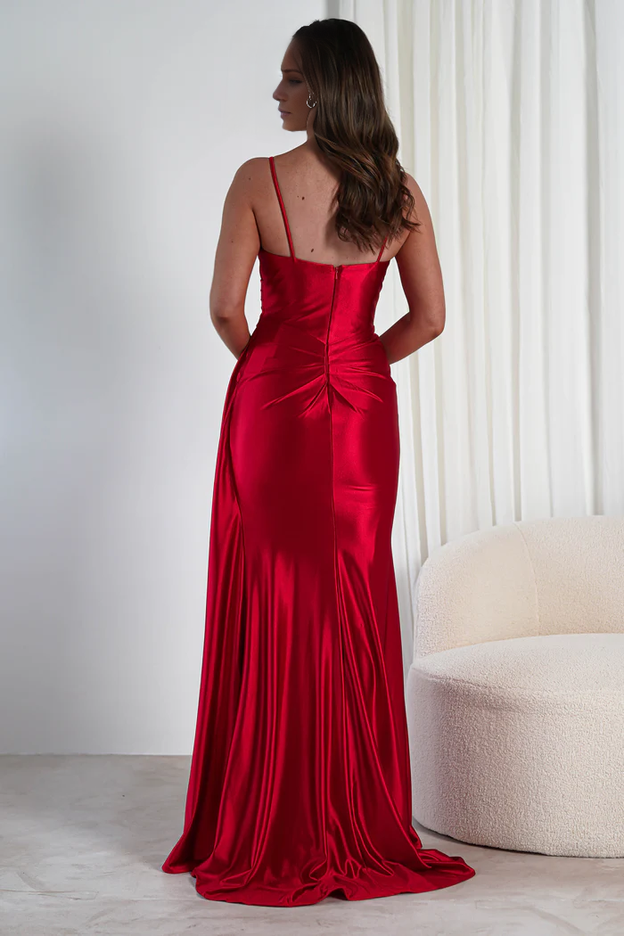 Thin shoulder strap V-neck satin side slit and floor length Prom dress - Jimiss Dress