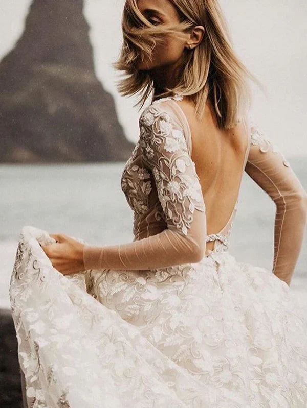 Romantic A-line Wedding Dresses With Long Sleeves Lace Bridal Gowns Elegant