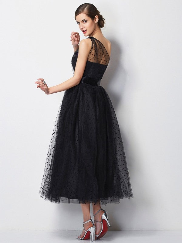 A-Line Woven Satin One-Shoulder Sleeveless Tea-Length With Pleats Bridesmaid Dresses