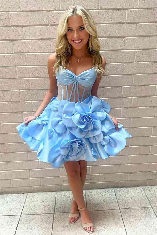 3D Flower Spaghetti Straps A Line Short Party Dress