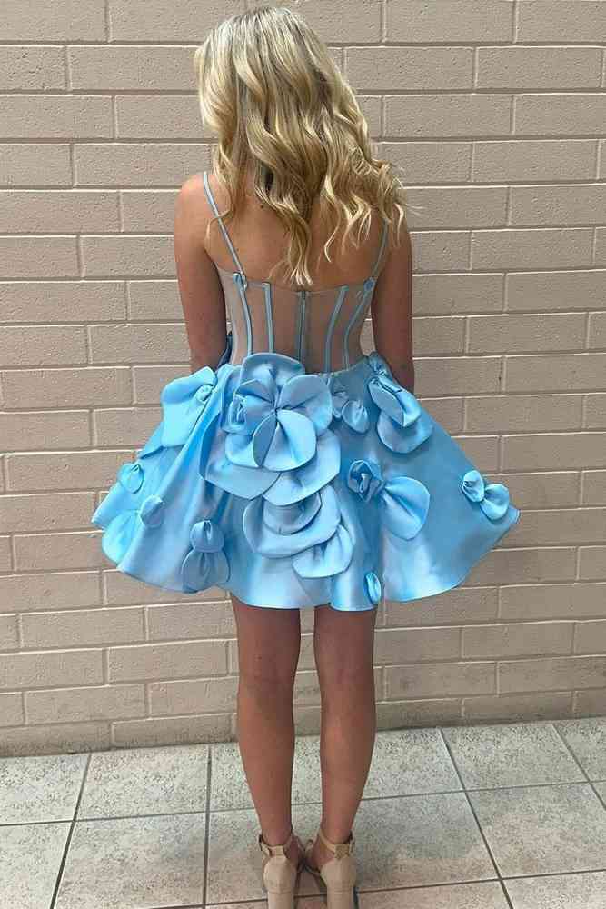 3D Flower Spaghetti Straps A Line Short Party Dress