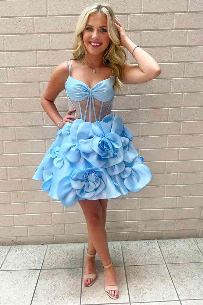 3D Flower Spaghetti Straps A Line Short Party Dress