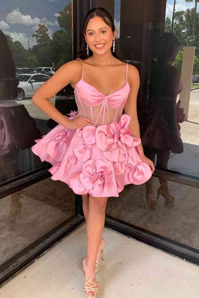3D Flower Spaghetti Straps A Line Short Party Dress