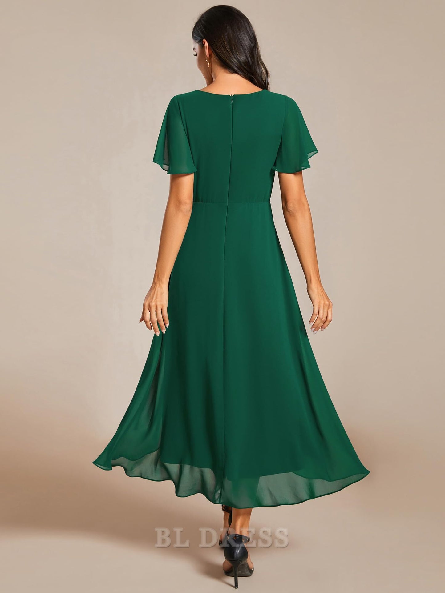 A Line V Neck Ruffle Sleeves Pleated High Low formal dresses Bridesmaid Dresses evening gown Prom Dress
