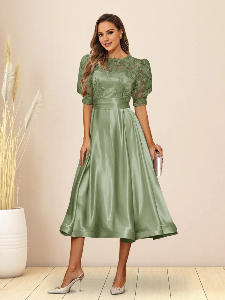 A-line/Princess V-neck fluffy sleeves tea long mother of the bride dress
