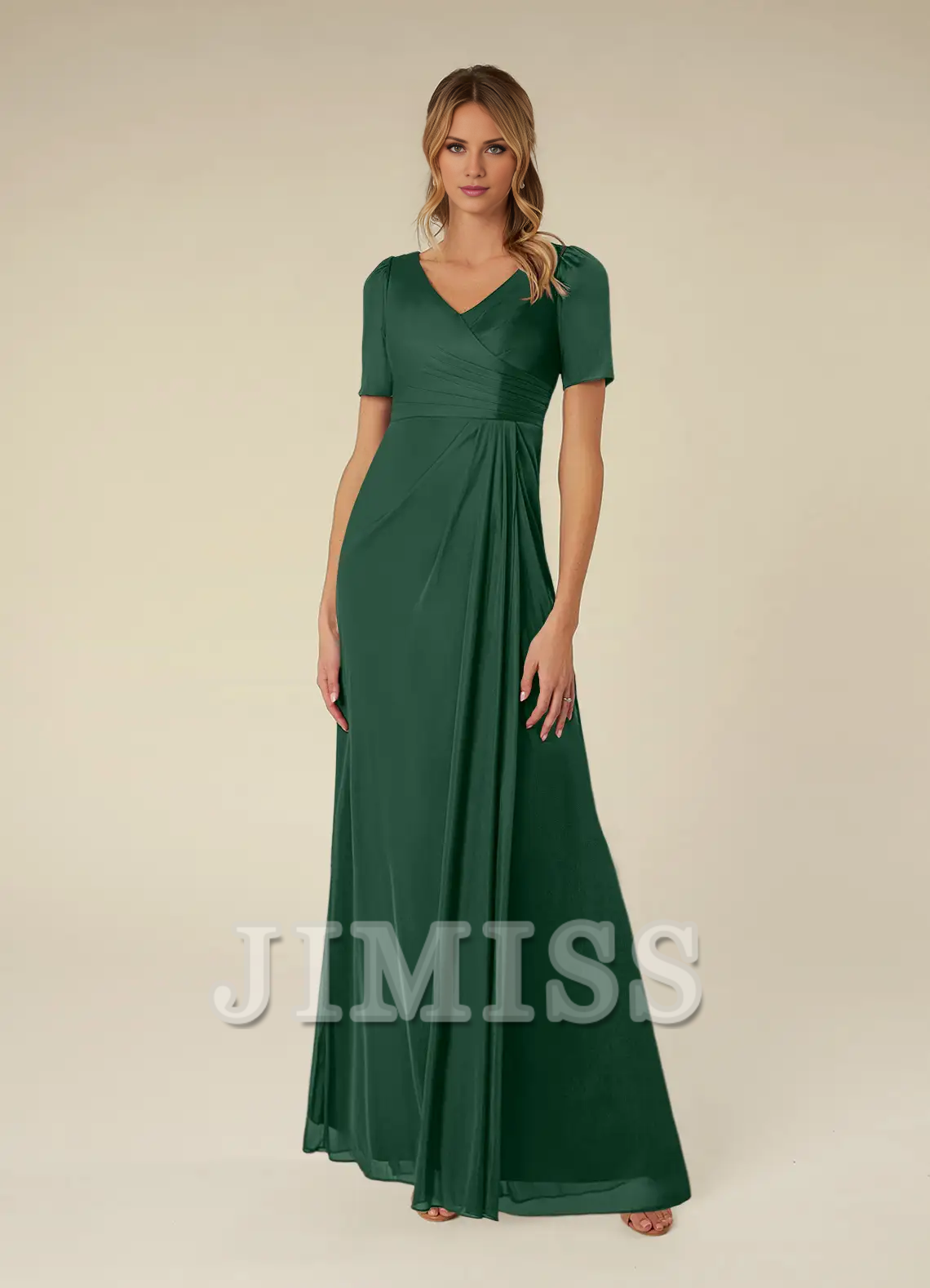 A-line short sleeve pleated mesh floor-length mother of the bride dress