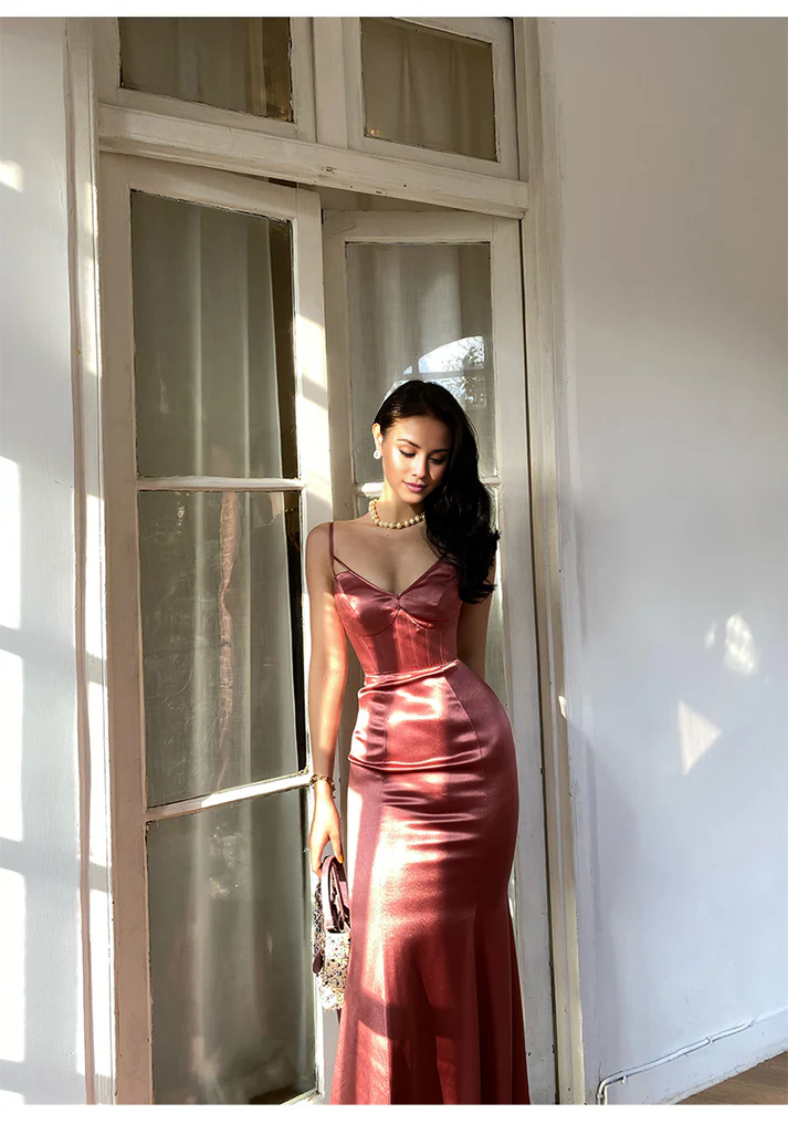 Jimiss V-neck sleeveless thin shoulder strap and floor length satin Prom dress