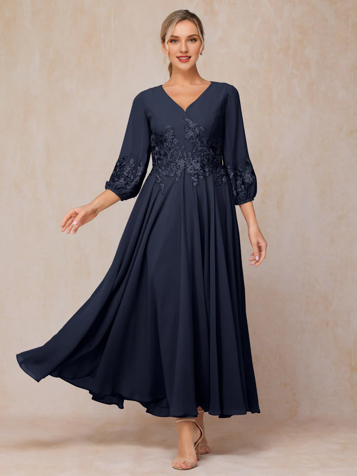 Long sleeved decal and ankle chiffon mother of the bride dress