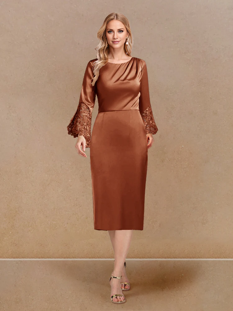 Stickers tight fitting/cylindrical low round neck long sleeved mother of the bride dress
