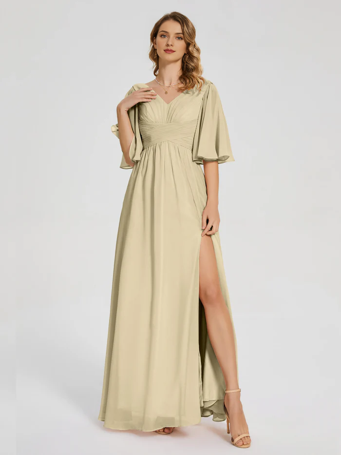 V-neck half sleeved chiffon mother of the bride dress