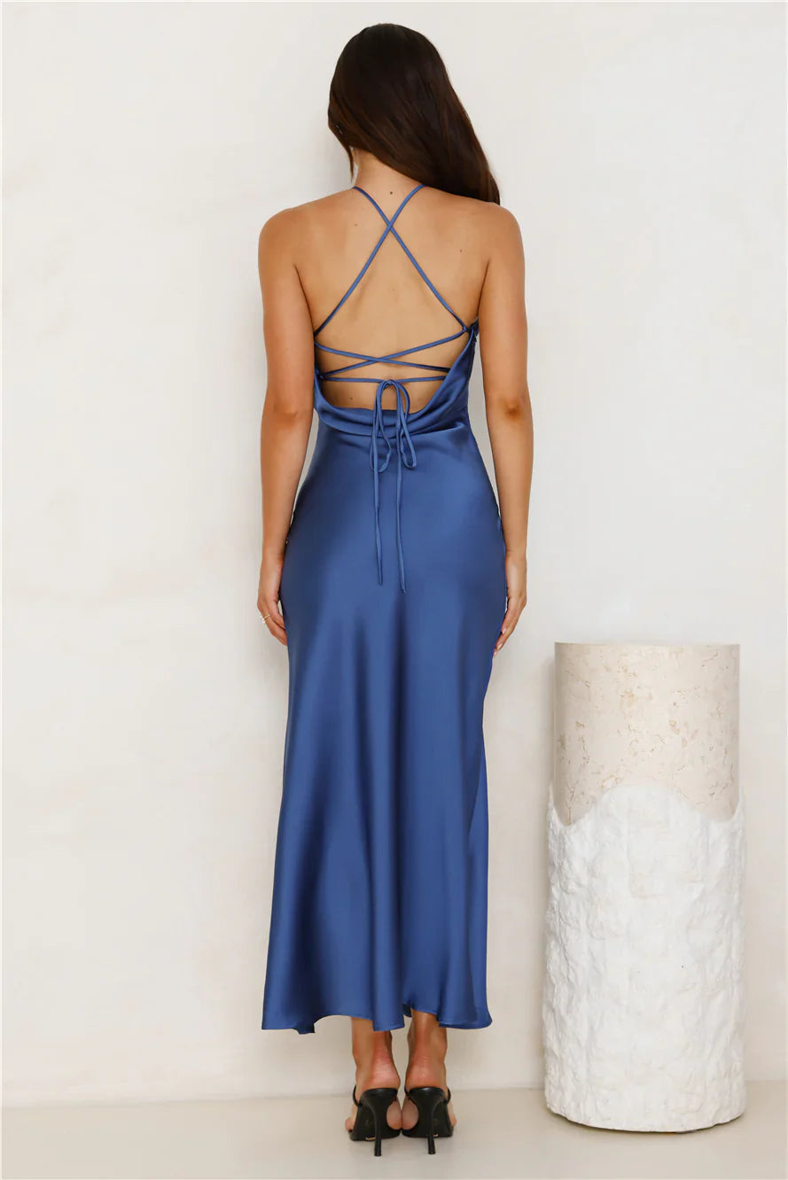 Jimiss halter neckline satin backless side slit long Prom dress
