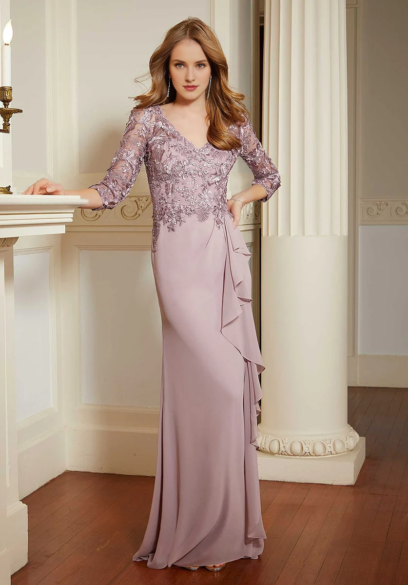 V-neck lace applique chiffon and floor length gown evening dresses