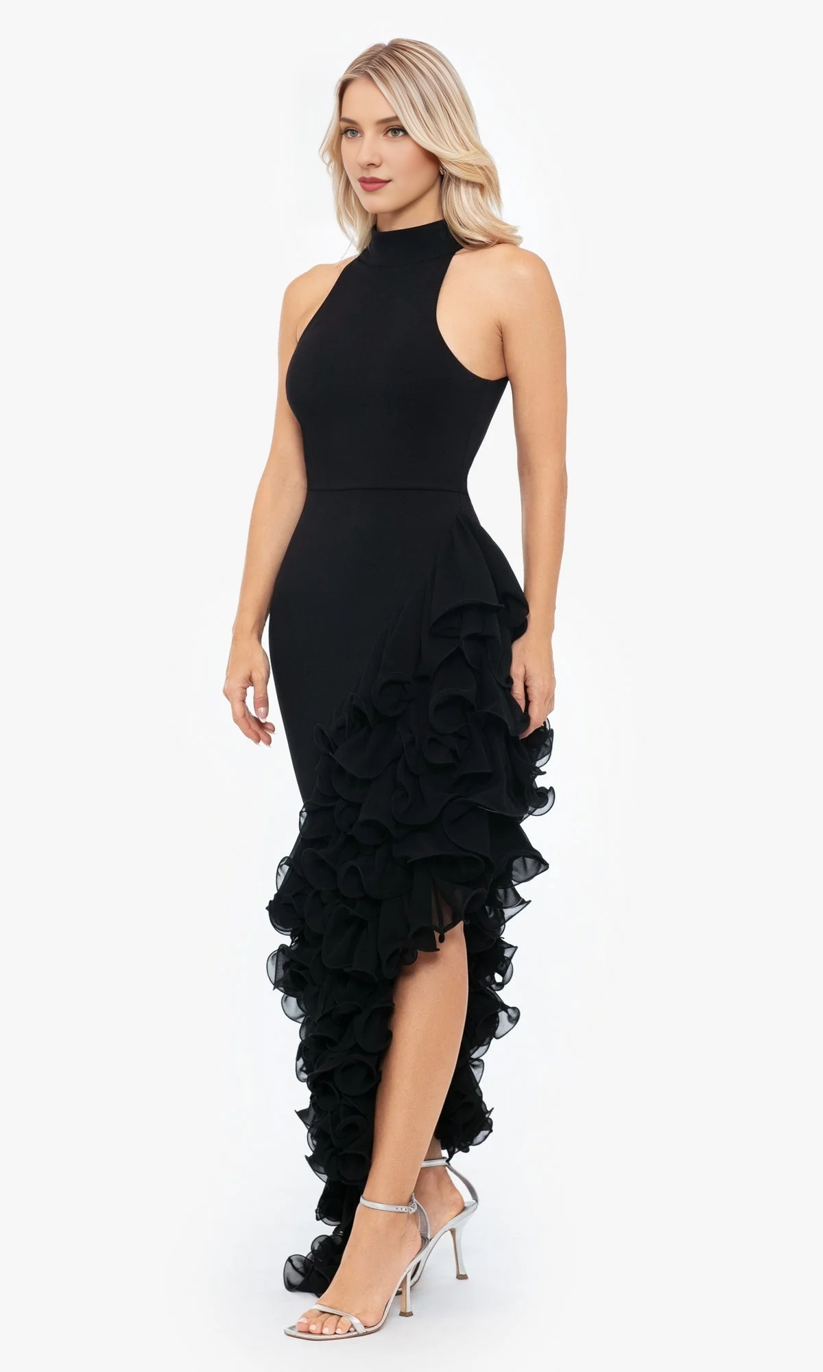 Hanging neck high and low skirt ruffle edge and floor length dress