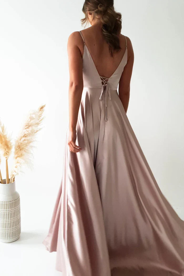 Thin shoulder strap V-neck side slit and floor length Prom dress - Jimiss Dress