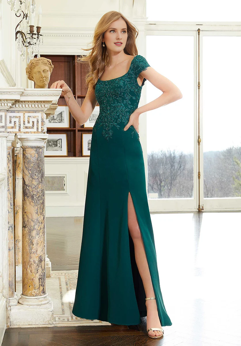 Square collar covered sleeves beaded lace decals on the body and floor length gowns evening dresses