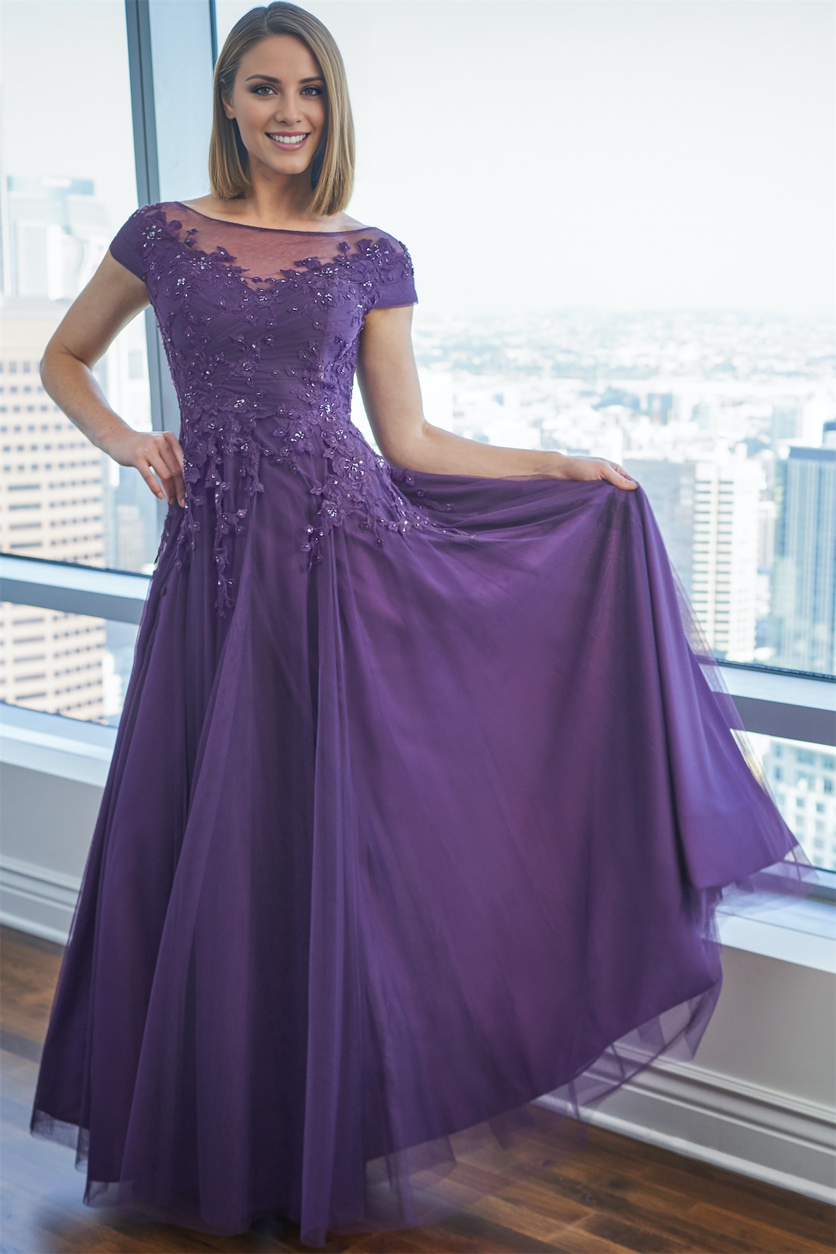 One collar A-line skirt boat collar low waist lace decal mother of bride dresses