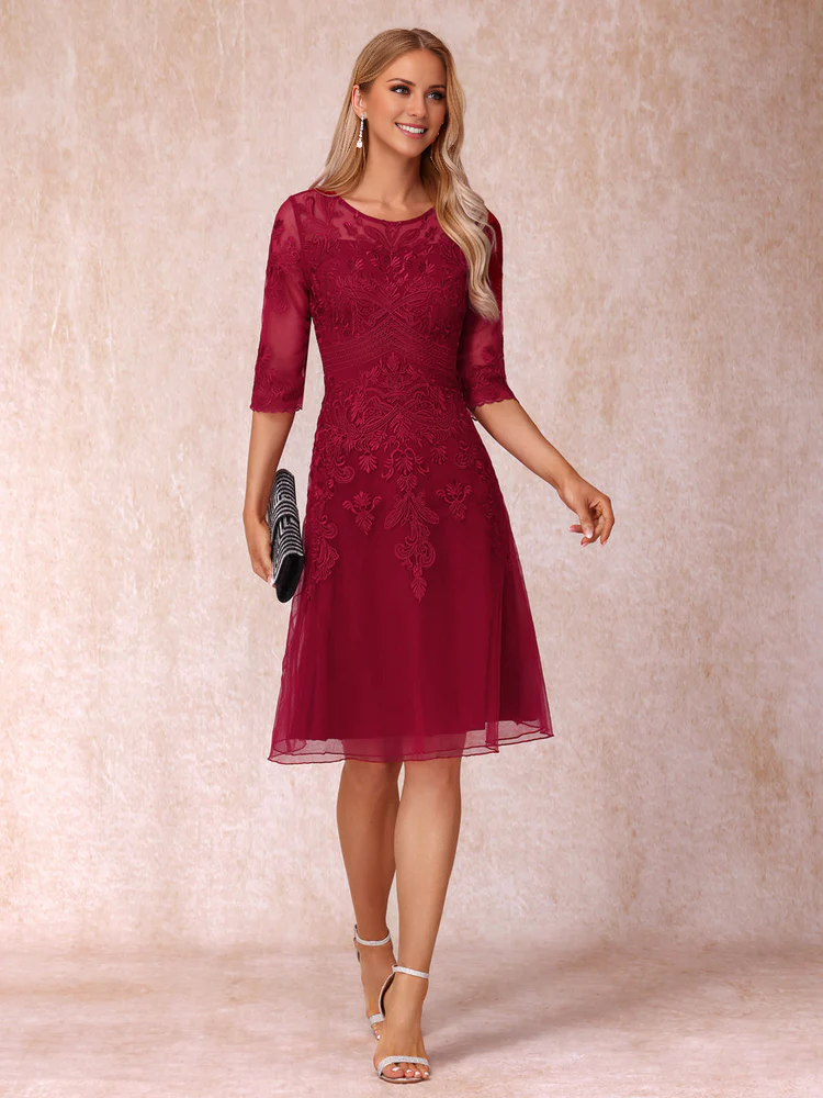 A-line/Princess Transparent Collar Half Sleeve Short Style Formal Mother of the bride Dress