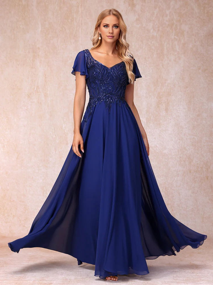 A-line/Princess V-neck short sleeved long formal mother of the bride dress