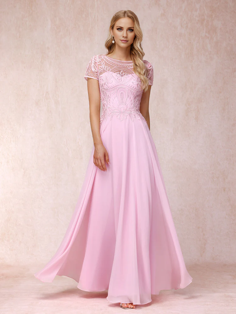 A-line/princess transparent collar short sleeved long with decal mother of the bride dress