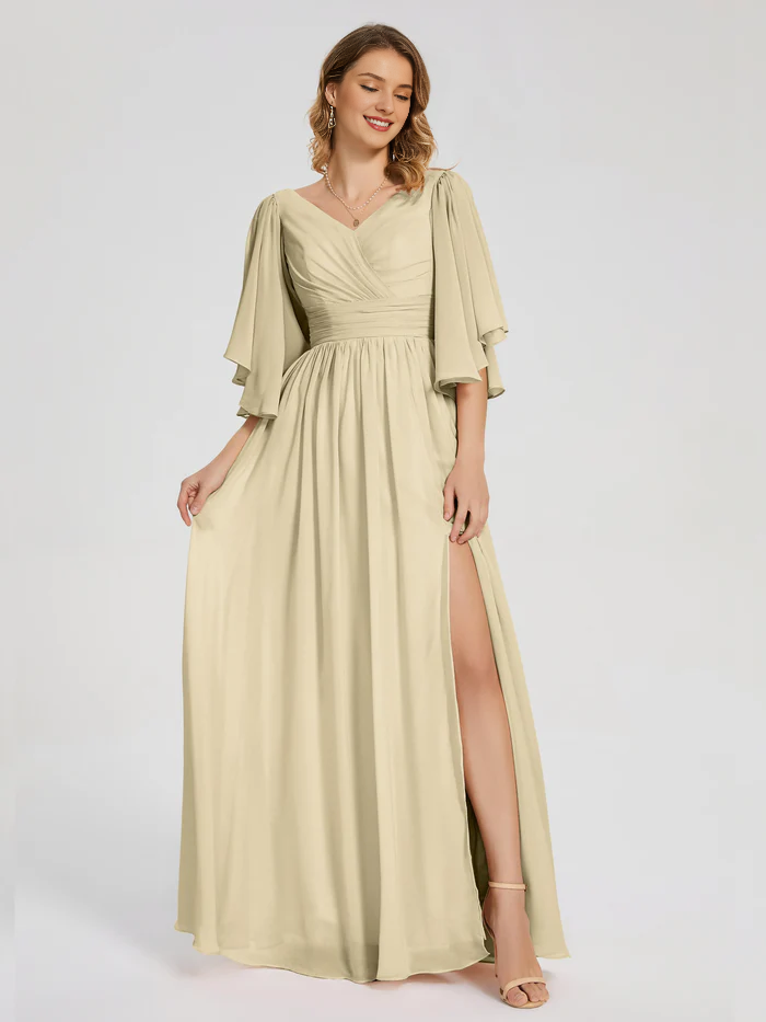 Half sleeved V-neck slit for mother of the bride dress